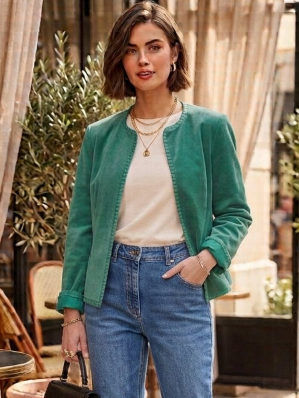 Vintage Velvet & Satin Green Holiday Glam Cardigan Blazer Ruffled Trim Large